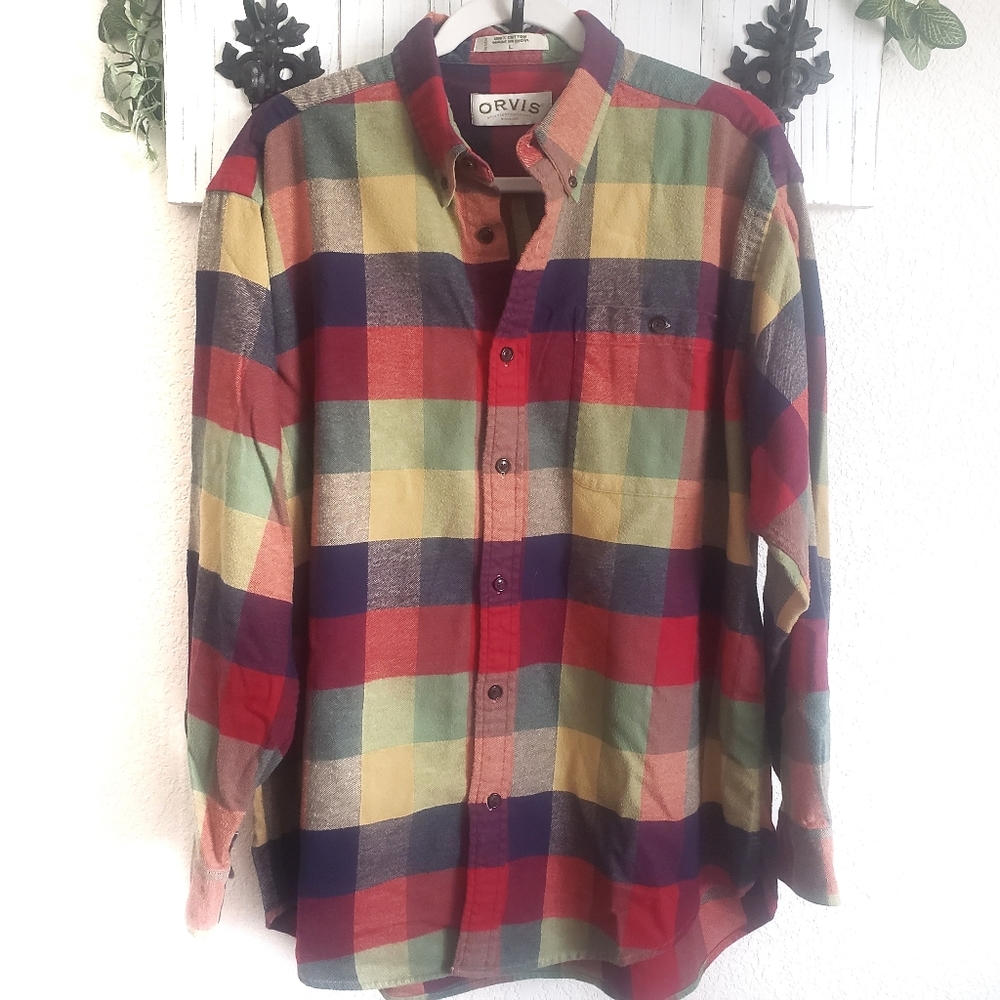 Orvis Autumn Plaid Flannel Button Down Long Sleeve Shirt Large